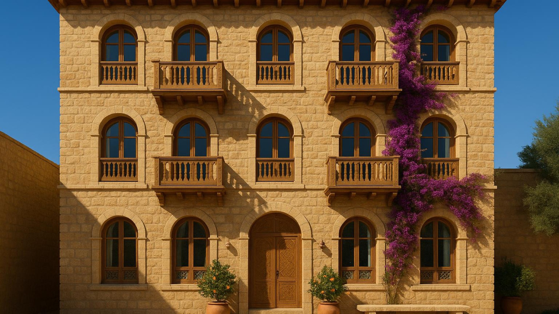 Façade du Gîte Amazigh — pierre kabyle, balcons en bois d'olivier